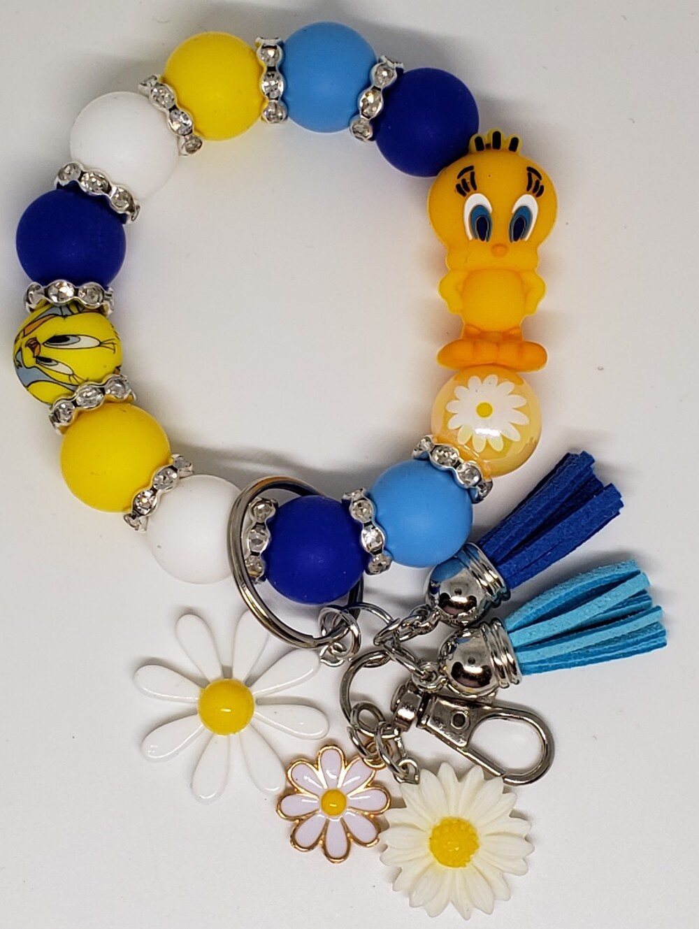 Handmade Daisy Tweety Bird Silicone Focal Bead Wristlet Keychain Bracelet